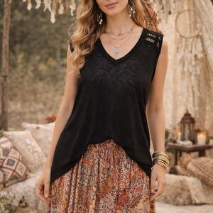 Elie Tahari Black Crochet Trim Cotton Tank Top XS Boho Lightweight